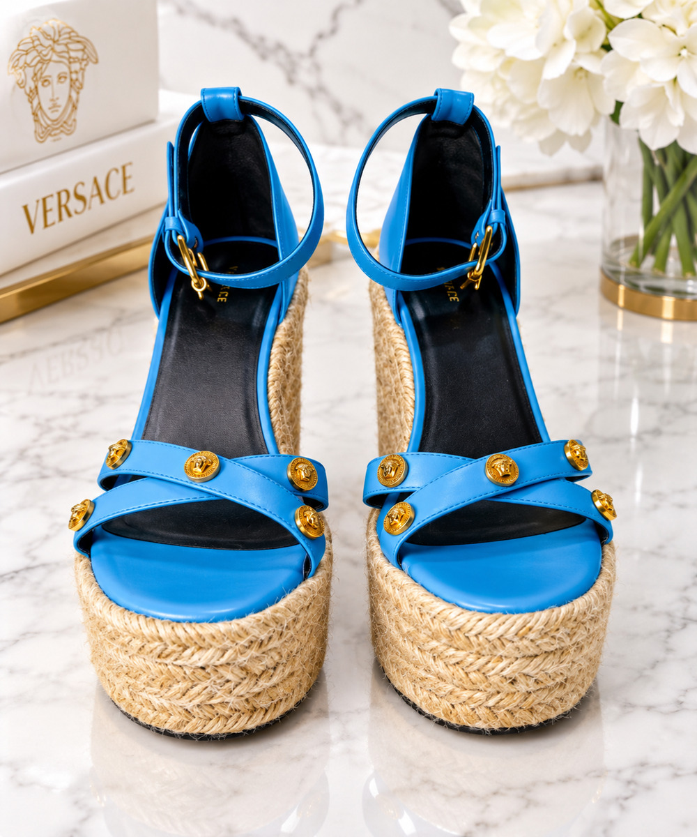 Versace Medusa Leather Platform Espadrille Wedge Sandals Blue Size 37 US 7